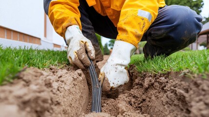 A worker installs cables in a freshly dug trench in a grassy area.
