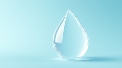 Fototapeta premium 7.A pristine glass droplet filled with pure, transparent water, glowing under soft sunlight. The droplet rests against a smooth gradient blue background, with delicate ripples at the base resembling
