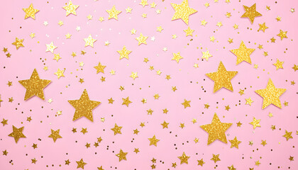 Golden stars glitter confetti on pink background. Festive backdrop, sticker style. isolated with white shades
