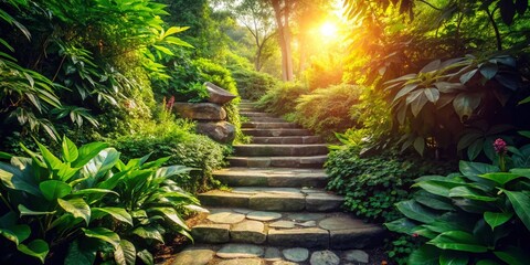 Naklejka premium Serene Garden Steps: Lush Greenery & Tranquil Stone Pathway
