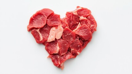 Obraz premium Heart-Shaped Arrangement of Fresh Red Meat Pieces Against a White Background Symbolizing Love for Cooking and Culinary Passion
