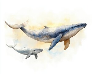 Fototapeta premium Majestic Humpback Whales Swimming Gracefully in Ocean Watercolor Art Piece