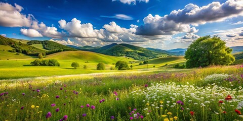 Serene Meadow Landscape with Rolling Hills and Blue Skies
