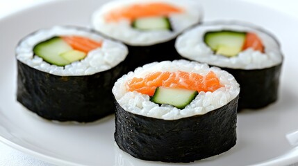 A plate of sushi rolls featuring salmon and cucumber wrapped in seaweed.