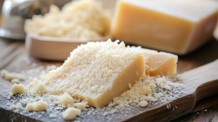 Close-Up of Freshly Grated Hard Cheese on a Wooden Board with Additional Cheese Crumbles and a Background of a Cheese Block in a Light Kitchen Setting