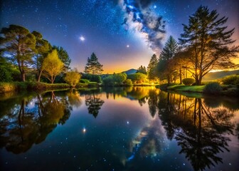 Obraz premium Serene Night: Fish Pond Reflections of Trees and Starry Sky - Low Light Photography Stock Photo