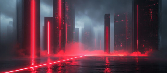 Futuristic City with Red Neon Lights Generated image