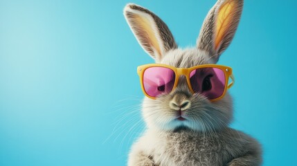 Fototapeta premium Playful Rabbit Wearing Stylish Sunglasses Against a Vibrant Blue Background, Perfect for Fun, Whimsical, and Lighthearted Themes in Photography