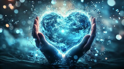 Fototapeta premium 75.A symbolic design showing hands delicately cupping a glowing heart-shaped Earth, surrounded by floating water droplets and faint wave-like patterns in shades of blue and turquoise.