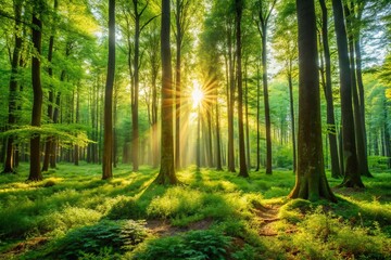 Obraz premium Serene Sunlight Dappled Forest, Lush Green Canopy, Tall Trees, Vibrant Undergrowth, Peaceful Nature Scene