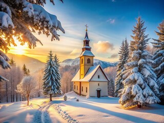 Serene Winter Church: Snow Covered Landscape, Majestic Trees, Rule of Thirds Composition