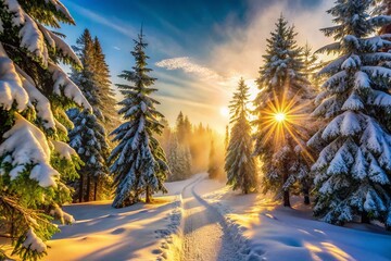 Serene Winter Wonderland: Snow-Covered Pines & Sunlit Mist Trail