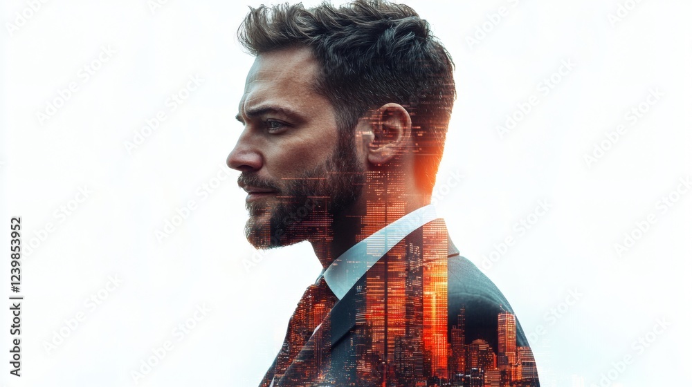Poster businessman in suit with digital forex chart double exposure isolated on white background stock phot