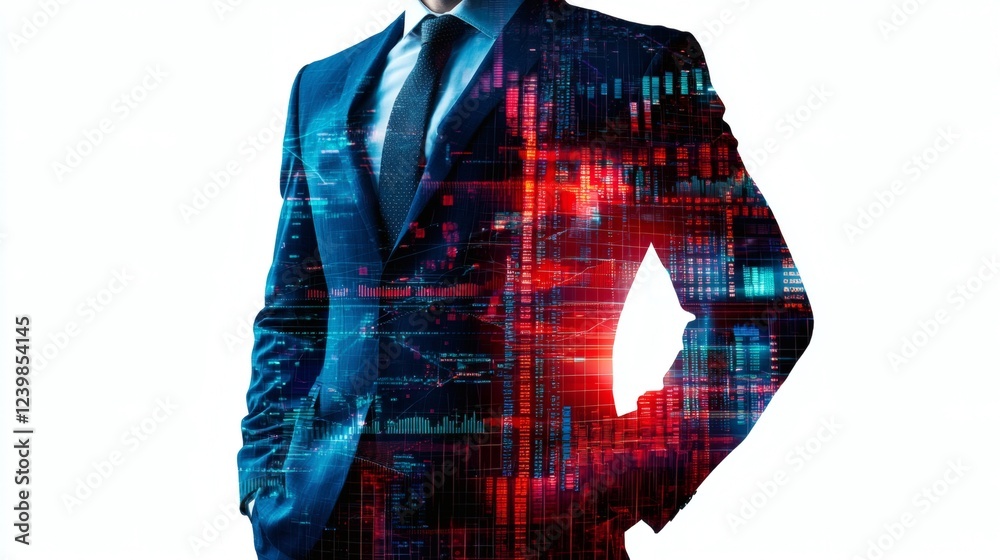Poster businessman in suit with digital forex chart double exposure isolated on white background stock phot