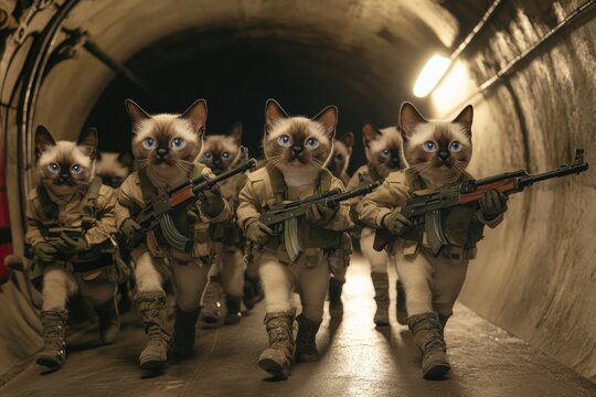 Siamese Cats Marching Through Tunnel Carrying Rifles