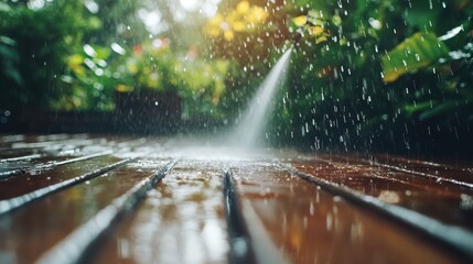 Water sprays onto wooden deck, lush green background. Perfect for cleaning, gardening, or weather themes.