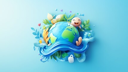 Fototapeta premium 47.A whimsical design of a cartoon Earth holding a blue ribbon in its hands, surrounded by icons of clean water, leaves, and waves. The scene is set against a simple gradient background, emphasizing