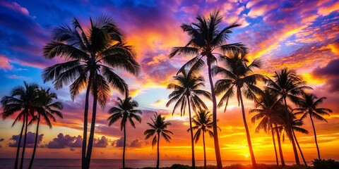 Obraz premium Silhouetted Palm Trees at Sunrise: Tropical Dawn Serenity