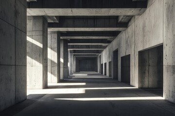 dystopian concrete tunnel interior brutalist architecture dramatic shadows