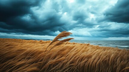 A storm approaches a beach with tall grasses swaying in the wind.