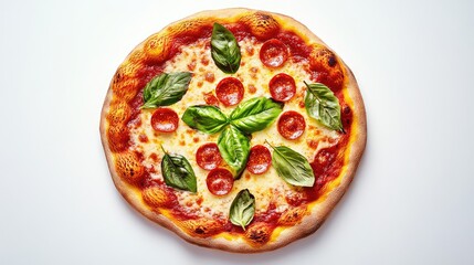 Delicious Pepperoni Pizza Topped with Fresh Basil Leaves on a White Background, Perfect for Foodies, Culinary Arts, or Italian Cuisine Promotions