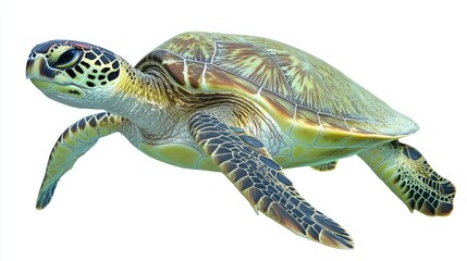 Fototapeta premium A Majestic Green Sea Turtle Swimming Gracefully Underwater Against a White Background, Capturing the Beauty and Serenity of Marine Wildlife in Its Natural Habitat