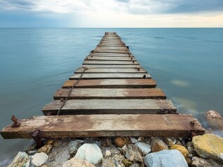 Fototapeta premium Long exposure image of old abandoned fisherman jetty in black and white - ai