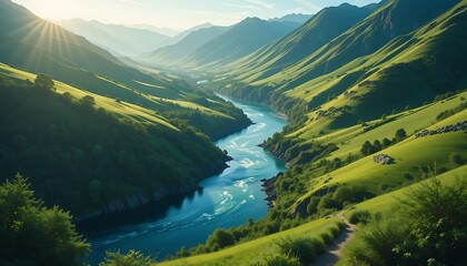 Fototapeta premium Sunlit River Valley Surrounded By Lush Green Mountains