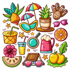 Here's a caption and keywords for your image.. Vibrant summer illustration featuring fruits, drinks, sunglasses, and beach accessories.
