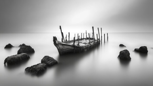 Long exposure image of old abandoned fisherman jetty in black and white  - ai