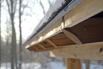 Obraz premium Wooden roof detail with snow, winter scene. Illustrates roofing structure and snow load, ideal for construction or winter themes.