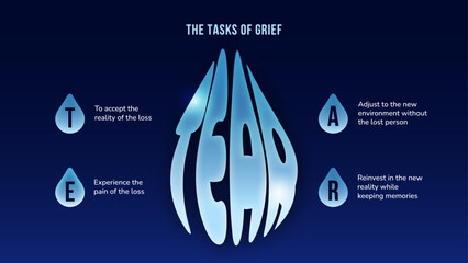 The TEAR Model Of Grief banner infographic with the tear-shaped typography.