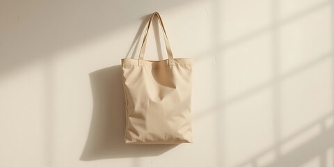 Beige Tote Bag Hanging Against a Wall