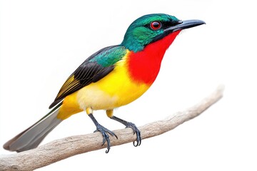 Fototapeta premium A Vibrant Red Yellow And Green Bird Perched On A Branch