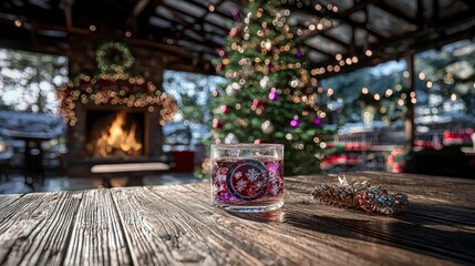 Cozy Christmas Eve  Festive Drink on Wooden Table  Fireplace  Christmas Tree Background