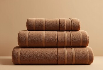 A stack of three brown rolled towels