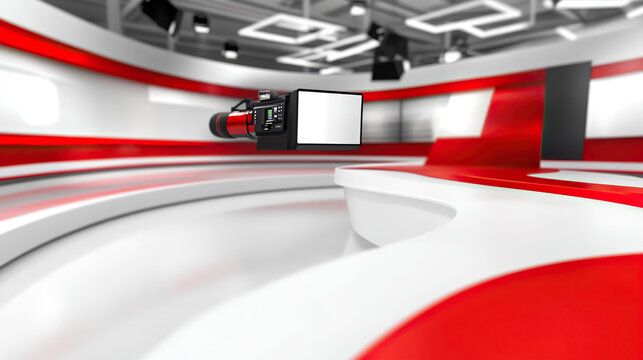 Television cameras in quiet newsroom, capturing the calm before the storm of breaking news. The essence of media preparation and anticipation in journalism.