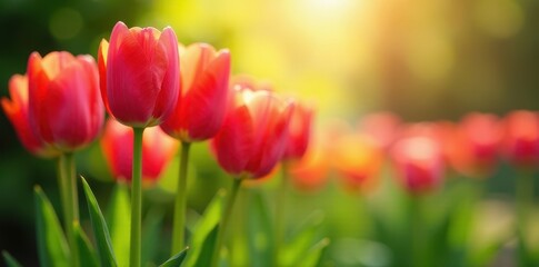 Fototapeta premium A bouquet of colorful tulips in a garden with sunlight filtering through the petals, Floral, Colors, Blooming