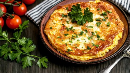 Freshly Cooked Omelette Garnished with Parsley on a Dark Wooden Table with Cherry Tomatoes and Kitchen Towel