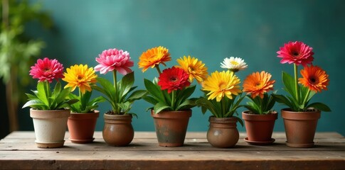 Fototapeta premium A collection of colorful flowers in pots and water on a rustic wooden table, flowers, table, rustic