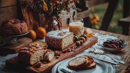 Cozy Autumn Table Setting with Fresh Bread, Cheese, Fruits, and Warm Drink