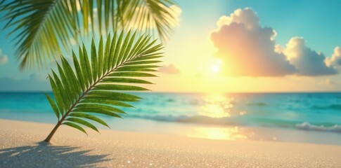 Obraz premium A delicate coconut leaf silhouette against a vibrant summer sky and the clean sand beach, sandy shore, sunset horizon, peaceful ambiance