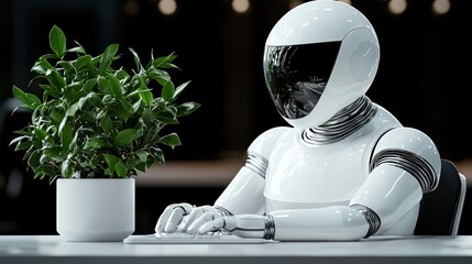 A humanoid robot seated at a table next to a potted plant in a modern environment.