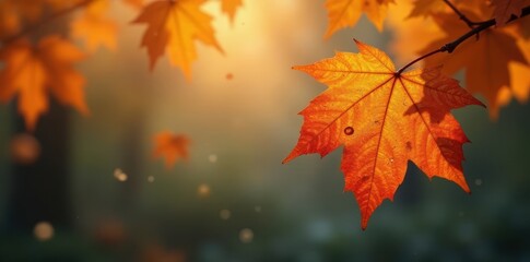 Amber hues of autumn leaves suspended in mid-air, surrounded by delicate water droplets, autumn leaves, misty morning, outdoor