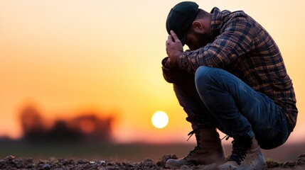 A man sits in a contemplative pose during sunset, reflecting on personal challenges.