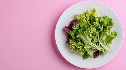 A fresh assortment of leafy greens on a white plate against a pink background.