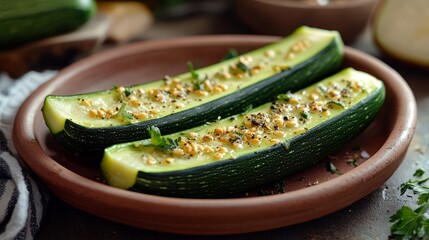 Zucchini slice with seeds on ceramic plate