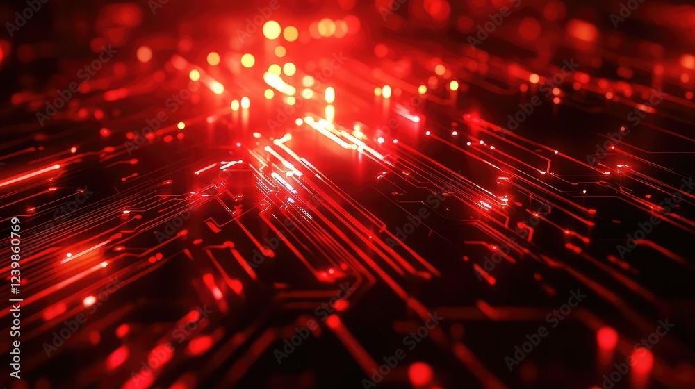 Poster abstract digital background featuring glowing red lines and vibrant particles, creating a sense of d