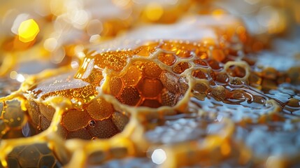 Close-up of glowing honeycomb with golden liquid honey droplets