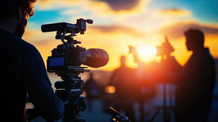 Fototapeta premium Silhouette images of video production behind the scenes or b-roll or making of TV commercial movie that film crew team lightman and cameraman working together with director in big studio